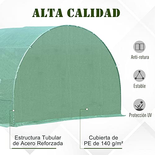 Outsunny Invernadero de Túnel 600x300x200 cm con Puerta Enrollable 8 Ventanas Cubierta PE 140g/m² y Tubo de Acero para Cultivos Plantas Verduras Verde