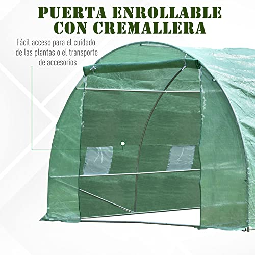 Outsunny Invernadero de Túnel 600x300x200 cm con Puerta Enrollable 8 Ventanas Cubierta PE 140g/m² y Tubo de Acero para Cultivos Plantas Verduras Verde