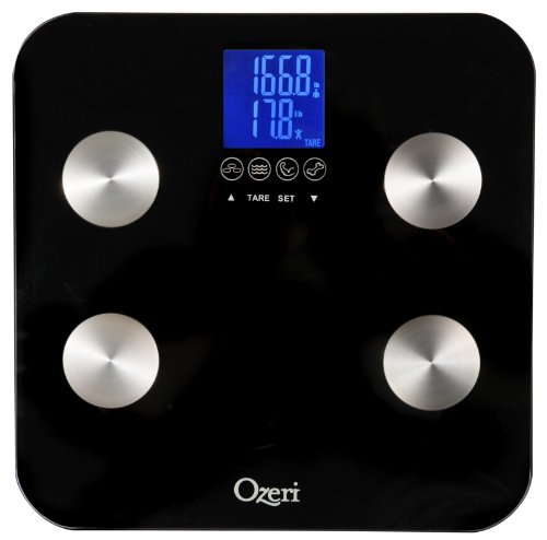 Ozeri Touch ZB13, Báscula corporal, capacidad 200 kilograms, mide peso, grasa, músculo, hueso e hidratación, negro