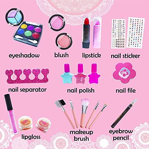 Paochocky Maquillaje Niñas Set 23 pcs, Juego de Maquillaje Lavable Sombra de Ojos Lápiz Labial Esmalte de uñas con Bolsa de cosméticos con Purpurina, Princesa Regalo para Niñas en Fiesta Cumpleaños