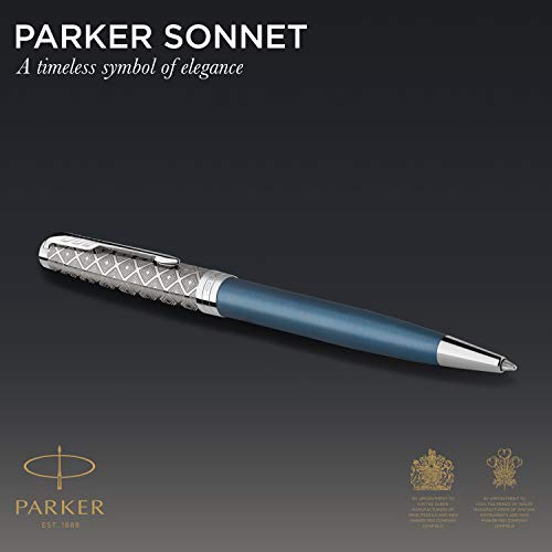 PARKER Sonnet Bolígrafo | Premium metal y lacado azul con acabado cromado | Punta mediana con recarga de tinta negra | Caja de regalo