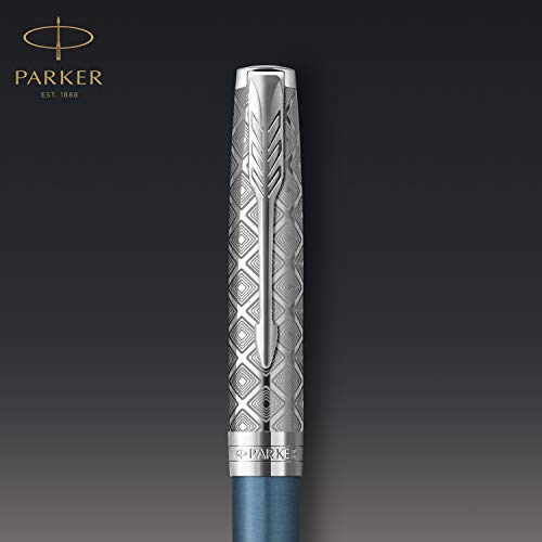 PARKER Sonnet Bolígrafo | Premium metal y lacado azul con acabado cromado | Punta mediana con recarga de tinta negra | Caja de regalo