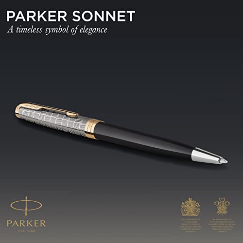 PARKER Sonnet Bolígrafo | Premium metal y lacado brillo negro con acabado chapado en oro | Punta mediana con recarga de tinta negra | Caja de regalo