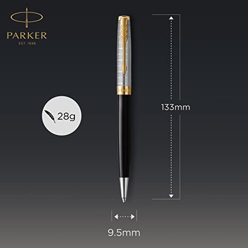 PARKER Sonnet Bolígrafo | Premium metal y lacado brillo negro con acabado chapado en oro | Punta mediana con recarga de tinta negra | Caja de regalo