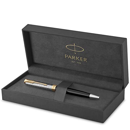 PARKER Sonnet Bolígrafo | Premium metal y lacado brillo negro con acabado chapado en oro | Punta mediana con recarga de tinta negra | Caja de regalo