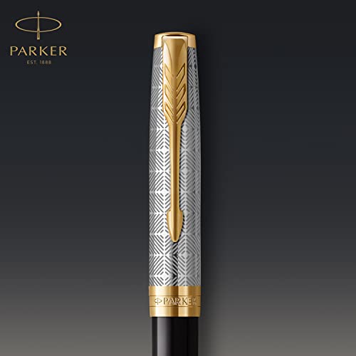 PARKER Sonnet Bolígrafo | Premium metal y lacado brillo negro con acabado chapado en oro | Punta mediana con recarga de tinta negra | Caja de regalo