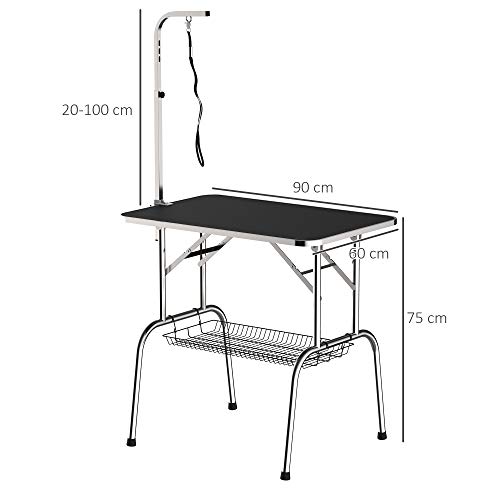 Pawhut, Mesa de Peluquería para Mascotas Acero Aluminio Placa Antiarañazos Caucho 90x60x75 cm