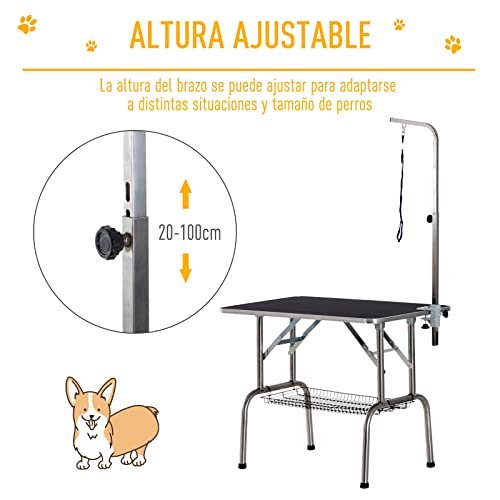 Pawhut, Mesa de Peluquería para Mascotas Acero Aluminio Placa Antiarañazos Caucho 90x60x75 cm