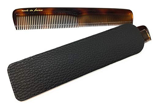 Peine de hombre Acetat havanna-ámbar, 15,5 cm, fabricado en Francia (51), con estuche de piel auténtica, color negro