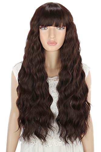 Pelucas Marrón oscuro larga mujer con flequillo pelo natural largo ondulada, YEESHEDO peluca de pelo largo suelto y rizada, wavy dark brown wig para mujeres y niñas 28"