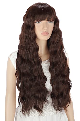 Pelucas Marrón oscuro larga mujer con flequillo pelo natural largo ondulada, YEESHEDO peluca de pelo largo suelto y rizada, wavy dark brown wig para mujeres y niñas 28"