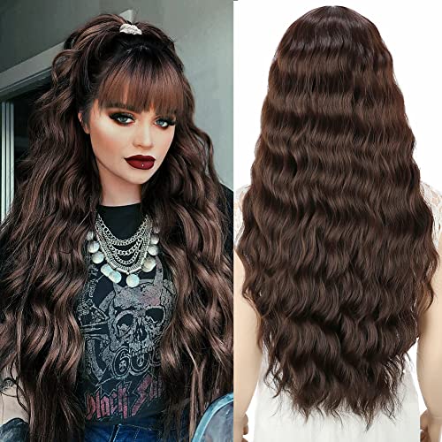 Pelucas Marrón oscuro larga mujer con flequillo pelo natural largo ondulada, YEESHEDO peluca de pelo largo suelto y rizada, wavy dark brown wig para mujeres y niñas 28"