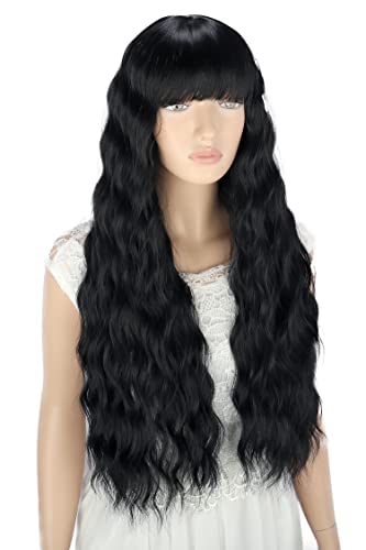 Pelucas negra larga mujer con flequillo pelo natural largo ondulada, YEESHEDO peluca de pelo negro largo suelto y rizada, wavy black wig para mujeres y niñas 28"