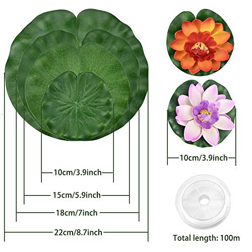 PERFETSELL 8 Pcs Hoja Flor de Loto Hojas de Nenúfar Hojas Acuaticas Flotantes Hojas Flotantes en Agua Hojas Flotantes,4 Tamaños + 2 x Nenufares Artificiales Flotantes + Un Rollo de Sedal de Pesca 100m