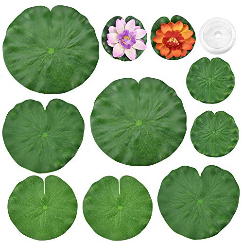 PERFETSELL 8 Pcs Hoja Flor de Loto Hojas de Nenúfar Hojas Acuaticas Flotantes Hojas Flotantes en Agua Hojas Flotantes,4 Tamaños + 2 x Nenufares Artificiales Flotantes + Un Rollo de Sedal de Pesca 100m