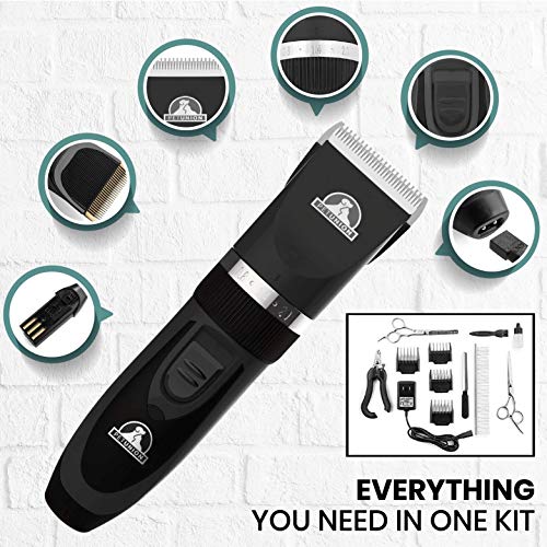 Pet Union - Set de aseo para perros - Máquina cortapelo inalámbrica y recargable - Silencioso e ideal para perros, gatos y mascotas en general - Pack completo - Negro