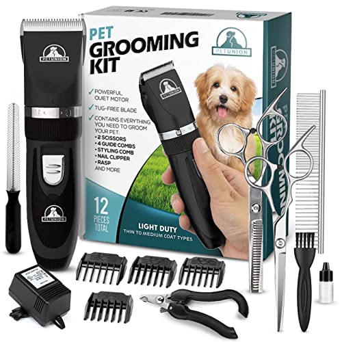 Pet Union - Set de aseo para perros - Máquina cortapelo inalámbrica y recargable - Silencioso e ideal para perros, gatos y mascotas en general - Pack completo - Negro