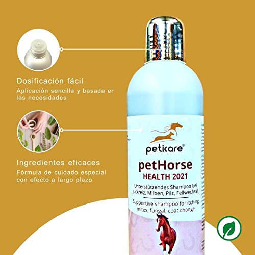 Peticare champú para Caballos Especial para picores ácaros Hongos pulgas - Cuidado del Olor desagradable del Pelaje, cuida la Piel del Caballo, fórmula de Cuidado eficaz - petHorse Health 2021