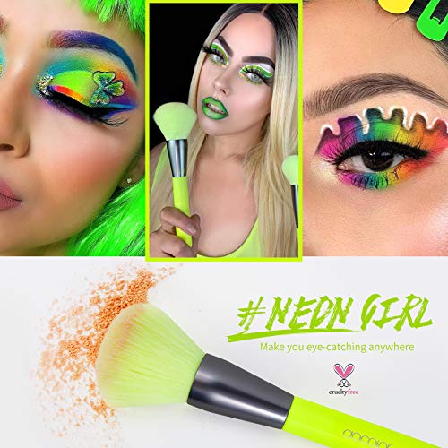 Pinceles de maquillaje Docolor 10 piezas Juego de pinceles de maquillaje profesional verde neón Kabuki sintético de primera calidad para el rubor en polvo facial de mezcla de bases (con caja)