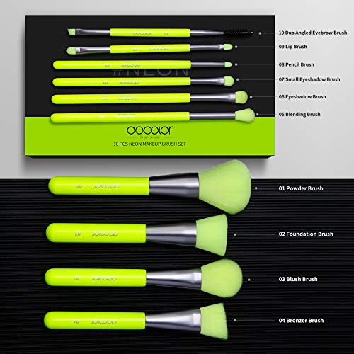 Pinceles de maquillaje Docolor 10 piezas Juego de pinceles de maquillaje profesional verde neón Kabuki sintético de primera calidad para el rubor en polvo facial de mezcla de bases (con caja)