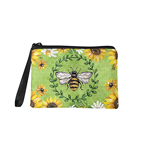 Pizding Las mujeres de franela suave maquillaje cosmético bolsa de impresión girasol abejas cambio bolsa correa monedero efectivo bolsas, Abejas de girasol, Monedero