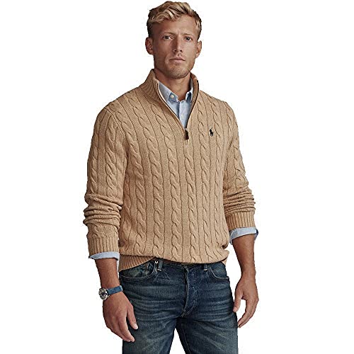 Polo Ralph Lauren Jersey de algodón Cable-Knit Half Zip (XXL, Camel Melange)