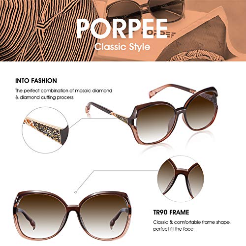 PORPEE Gafas de Sol Mujer Polarizadas, 2021 Gafas de Sol Moda con Tecnología de Incrustación de Diamante - Lentes polarizantes HD de nylon | UV400 Protection | Resistencia al Deslumbramiento