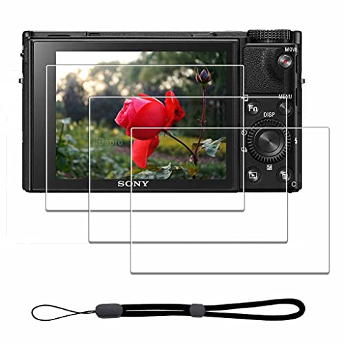 Protector de pantalla para Sony RX100 VII, RX100 VI, RX100 V, RX100 IV, RX100 III, RX100 II, RX100 y correa de mano [3+1 unidad], iDaPro vidrio templado fácil instalación