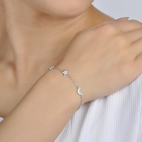 Pulsera de abalorios de plata de ley 925, con circonitas cúbicas, diseño de estrellas y lunas, elegante, cadena de mano ajustable, para mujer, de la marca Infinite U