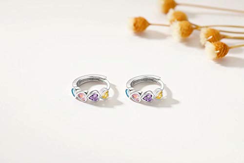 Qings Pendientes Aro Huggie, Pendientes Plata de Ley 925 Pendientes de Corazón Colores Circonita Cúbica Regalos de Cumpleanos para Niñas Mujer