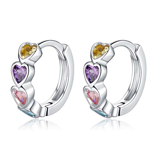 Qings Pendientes Aro Huggie, Pendientes Plata de Ley 925 Pendientes de Corazón Colores Circonita Cúbica Regalos de Cumpleanos para Niñas Mujer