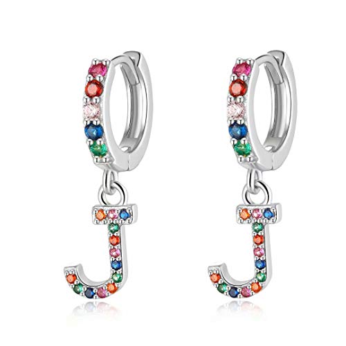 Qings Pendientes Colores, Pendientes Iniciales J Colgantes con Letras Circonitas Aretes de Plata Mujer Regalos de Cumpleaños para Mujeres Niñas