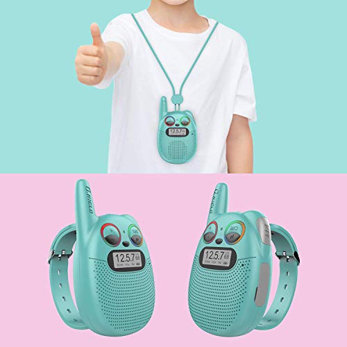 QNIGLO Q136 Gatito Walkie Talkie Niños Recargable,Radio FM Alcance de 2Km Ojos LED Parpadeantes Correa Portátil de Reloj,Montar en Bicicleta Acampar Correr,Mejor Regalo Juguete para Niños(Tiffanyblue)