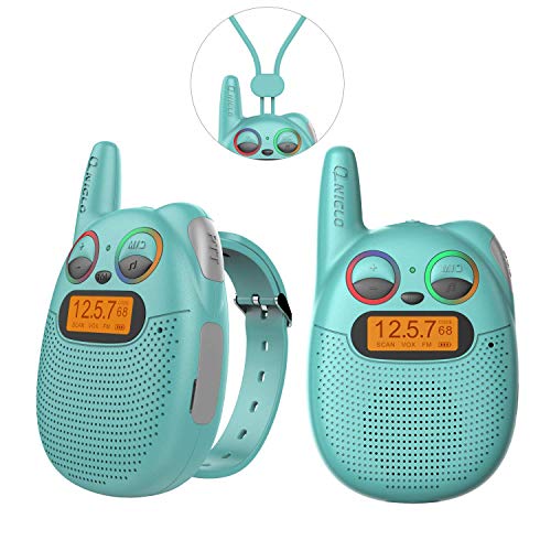 QNIGLO Q136 Gatito Walkie Talkie Niños Recargable,Radio FM Alcance de 2Km Ojos LED Parpadeantes Correa Portátil de Reloj,Montar en Bicicleta Acampar Correr,Mejor Regalo Juguete para Niños(Tiffanyblue)