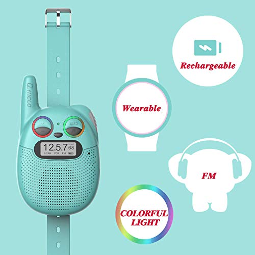 QNIGLO Q136 Gatito Walkie Talkie Niños Recargable,Radio FM Alcance de 2Km Ojos LED Parpadeantes Correa Portátil de Reloj,Montar en Bicicleta Acampar Correr,Mejor Regalo Juguete para Niños(Tiffanyblue)