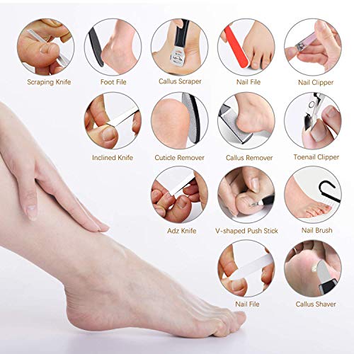 Queta 16pcs Kit de Pedicura Profesional, Herramientas de Cuidado de Pies, Juego de Despegar Piel Muerta y Dura, con Raspador/Removedor de Callos/Escofina de Pedicura y Manicura