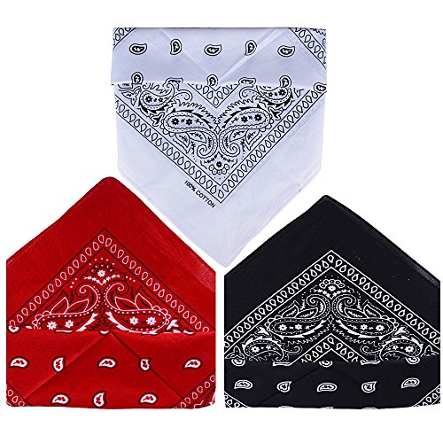 QUMAO Pack de 3 Pañuelos Bandanas de Modelo de Paisley para Cuello/Cabeza Multicolor Múltiple 100% Algodón para Mujer y Hombre (Pack de 3; Negro&blanco&rojo)