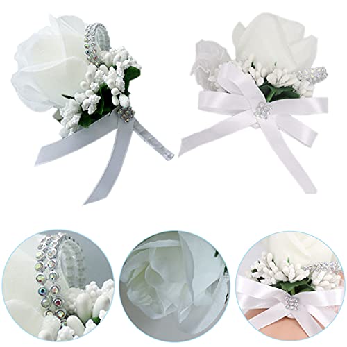 Ramilletes Bodas 4pcs Boutonniere de Boda Ramillete Muñeca Flor de Muñeca Boda Pulsera Flor Muñeca Boutonniere Artificial Ramillete de Rosa de Flores para Boda Novia Novio Padrinos de Boda Chica