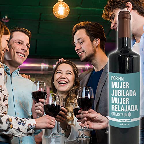 Regalo original. Botella de vino tinto Mujer jubilada, mujer relajada. 75cl.