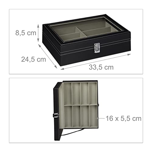 Relaxdays Caja Gafas con 8 Compartimentos, Organizador, 1 Ud, Cuero Sintético-Cristal, 8,5 x 33,5 x 24,5 cm, Negro