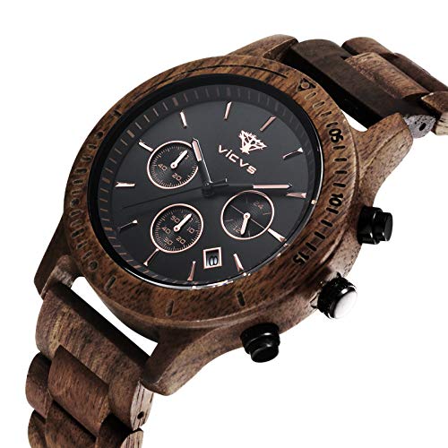 Reloj de Madera VICVS para Hombre, sándalo japonés, multifunción, Rojo/Negro Natural con cronógrafo Deportivo Militar (Walnut)