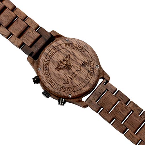 Reloj de Madera VICVS para Hombre, sándalo japonés, multifunción, Rojo/Negro Natural con cronógrafo Deportivo Militar (Walnut)