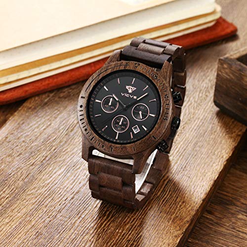 Reloj de Madera VICVS para Hombre, sándalo japonés, multifunción, Rojo/Negro Natural con cronógrafo Deportivo Militar (Walnut)