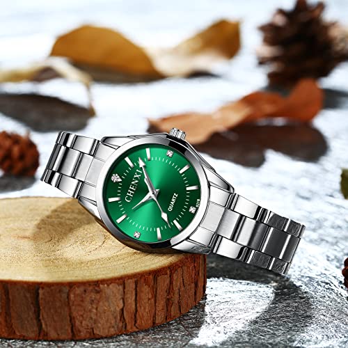 Reloj para Mujer Reloj de Pulsera CláSico De Negocios,Banda de Acero,Elegantes Relojes de Cuarzo de Acero ​Inoxidable(Verde)