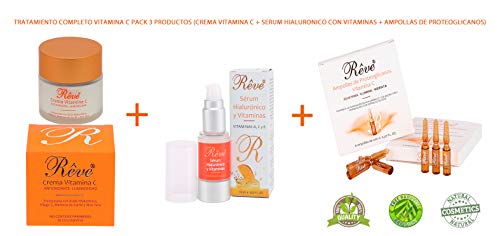 REVE pack - Crema Facial Vitamina C + Sérum Hialurónico y Vitaminas A, C y E + 6 Ampollas Proteoglicanos - Antioxidante, Luminosidad, Hidratación - Día y Noche - Crema 55 ml + Sérum 20ml + 6 Ampollas