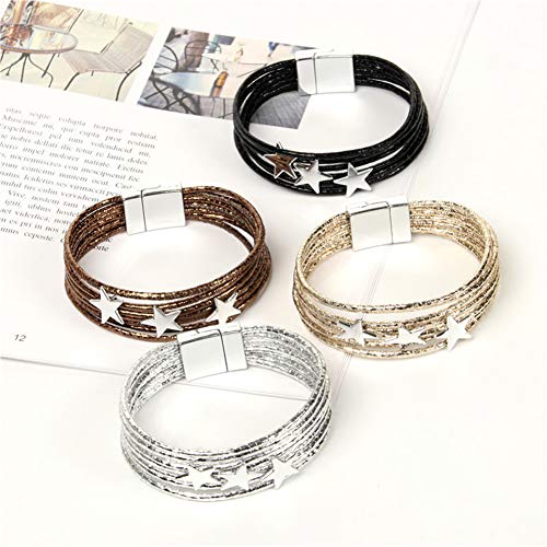 RIsxffp Pulseras Mujer, Boho Mujeres Multi-Capa Círculo Estrella Faux Leather Bracelet Brazalete magnético Brazalete Black