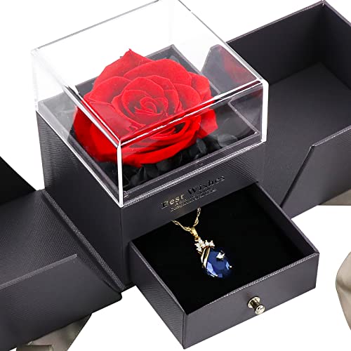 Rosa Eterna Hecha a Mano, Flor Real Preservada con Collar, Caja de Regalo para Día de San Valentín, Aniversario, Cumpleaños, Día de la Madre - Mujer/Mamá/Esposa/Novia