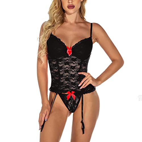 ROSAA Conjunto Lencería para Mujer,Body Sexy,Corsé Disfraz,Babydoll de Encaje Transparente Sujetador Push up y Tanga,Ropa Dormir Tirantes Ajustables y Liguero para Cosplay Pareja Femenina(Negro) (XL)