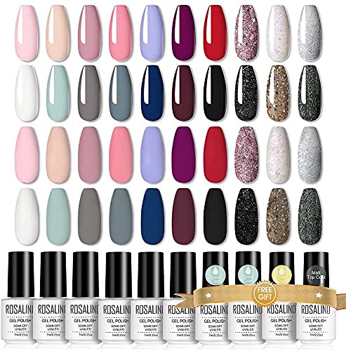 ROSALIND 20 Colores Esmalte Permanentes, Nude Negro Blanco Rojo Rosa Marrón Verde Morado Dorado Brillo Plat Colore 7ml UV Pintauñas Permanente Para Uñas, Gel de Uñas Semipermanente Kit Manicura 24PCS