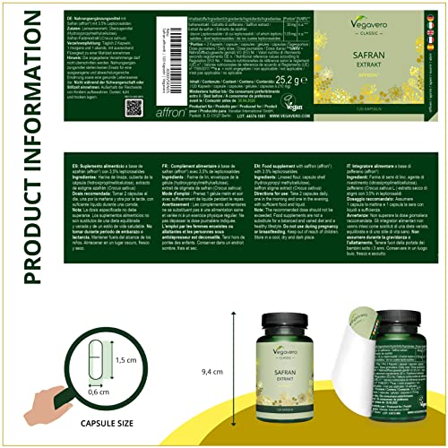 Saffron Extract Vegavero® | Ansiedad + Insomnio + Irritabilidad | 2% Safranal | Azafrán Premium Affron® | Calidad Española | Sin Aditivos | Testado en Laboratorio | 120 Cápsulas